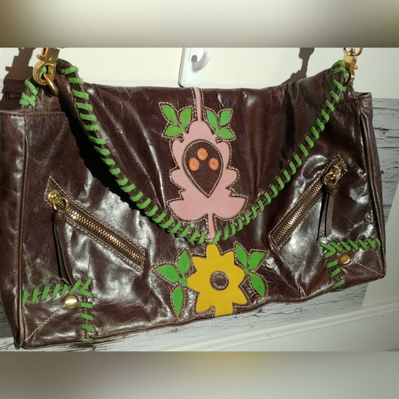 Loop Brown Leather Multi Floral Accent Hobo Bag - Picture 8 of 10